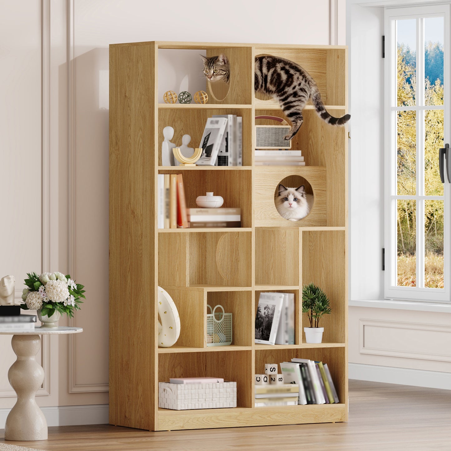 Modern 2 IN 1 Wood Bookshelf Cat House, Tree Display Case With