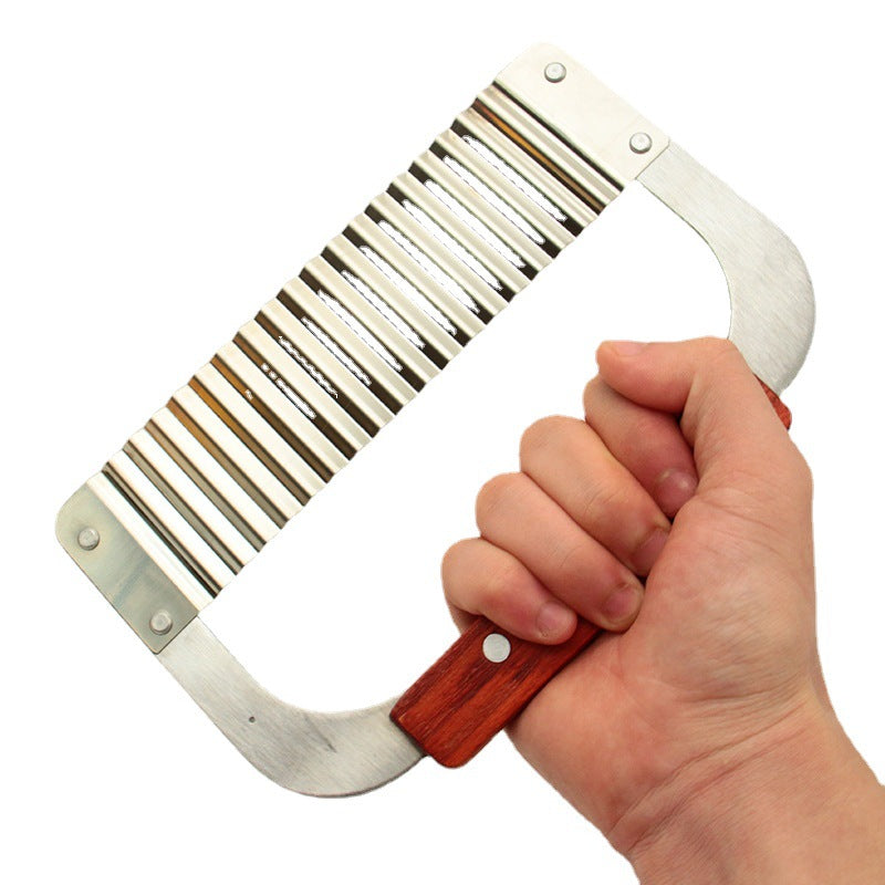 Stainless Steel French Fry Cutter with Wooden Handle Wavy Blade Kitchen Tool