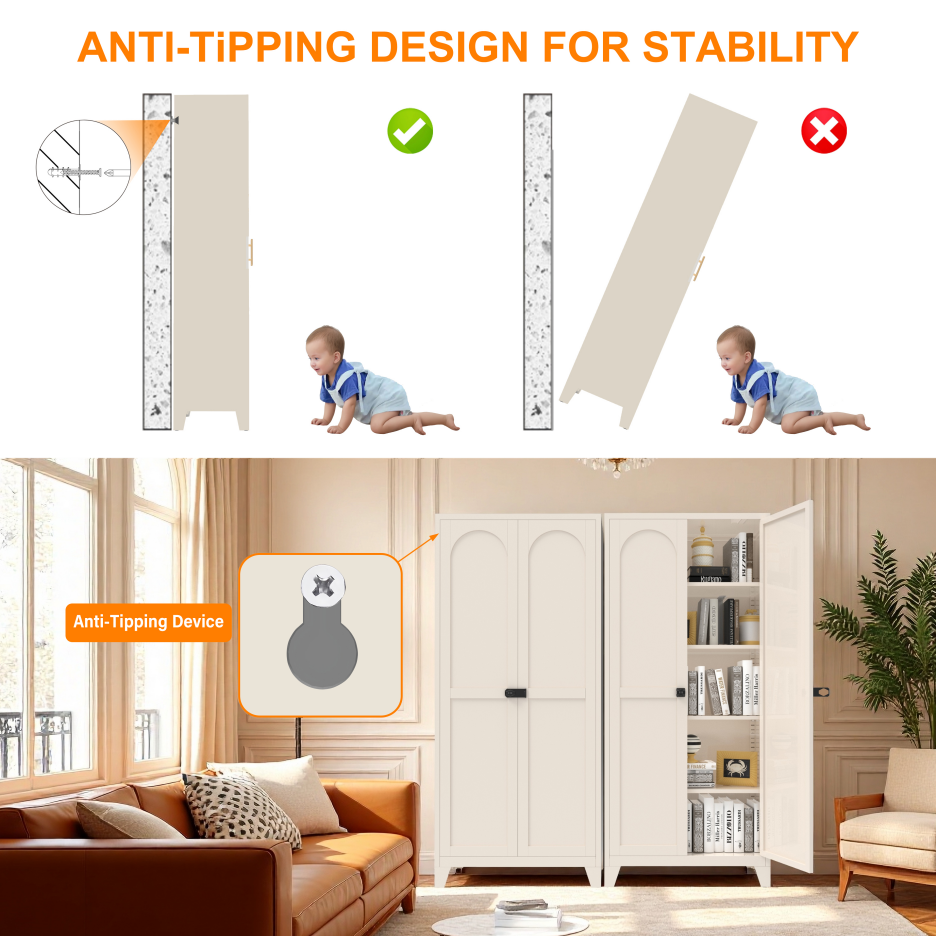 71'' Metal Storage Cabinet with Lock & Adjustable Shelves - Beige