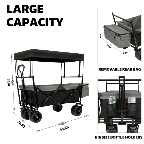 Large Capacity Collapsible Wagon with Canopy and Mosquito Net - All-Terrain Wheels, Foldable Garden Cart