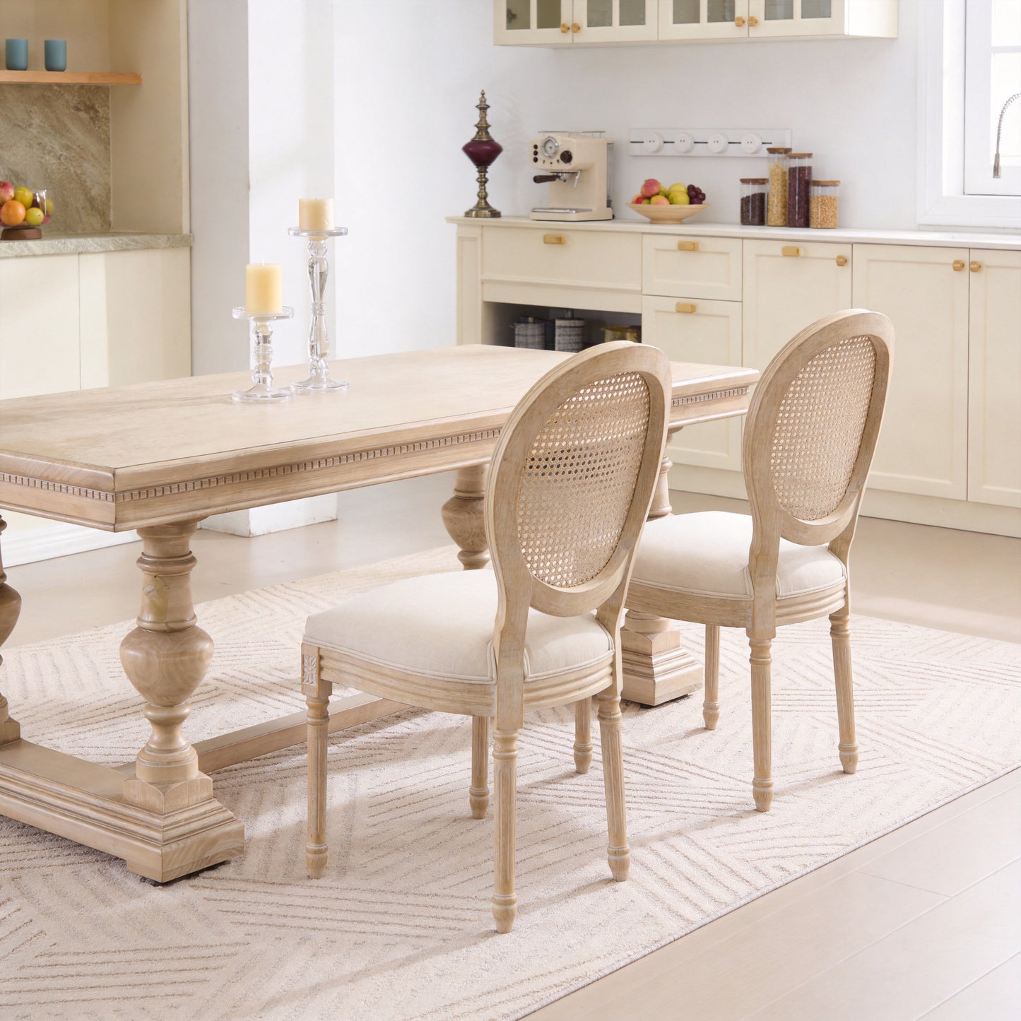 French Country Dining Chairs Set of 2 - Upholstered Rattan Back