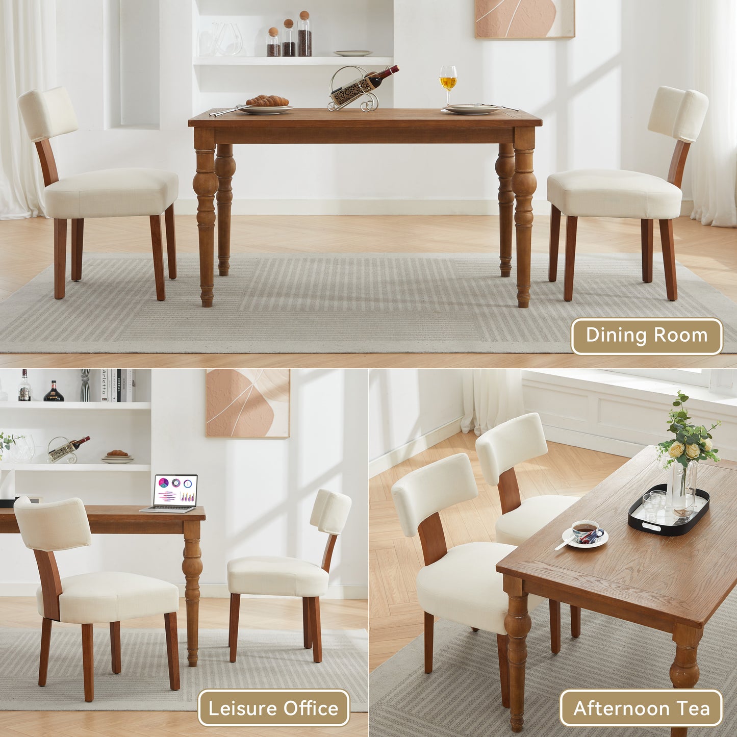 Set of 2 Modern Beige Linen Dining Chairs with Curved Backrest
