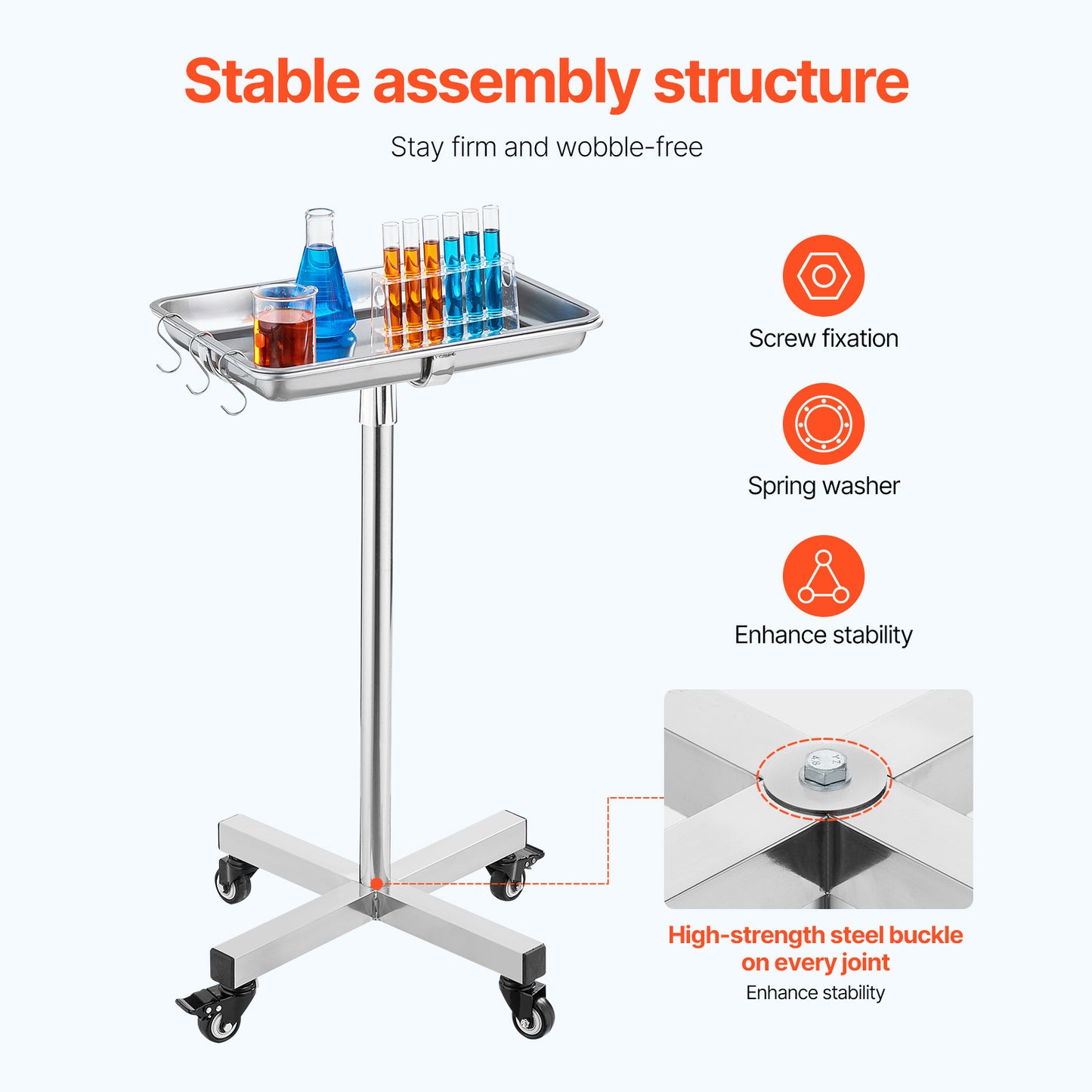Stainless Steel Medical Tray on Wheels - Adjustable Height & Load Capacity 35Lbs