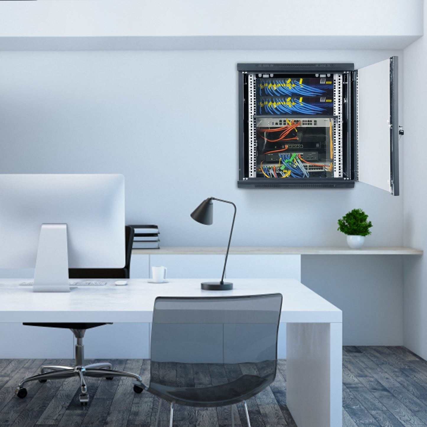 Wall Mount Network Server Cabinet Enclosure, 15.5 Inch Deep, Locking Glass Door, Black