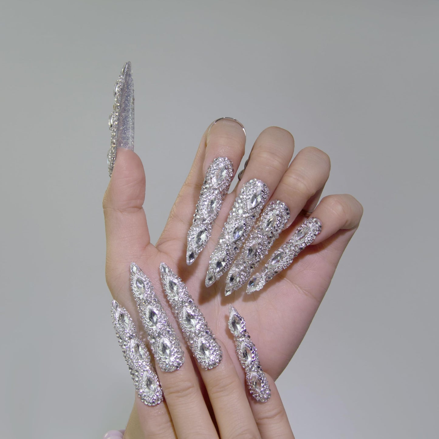 Glacial Empress Handmade Almond Press-On Nails with 3D Crystal Diamonds