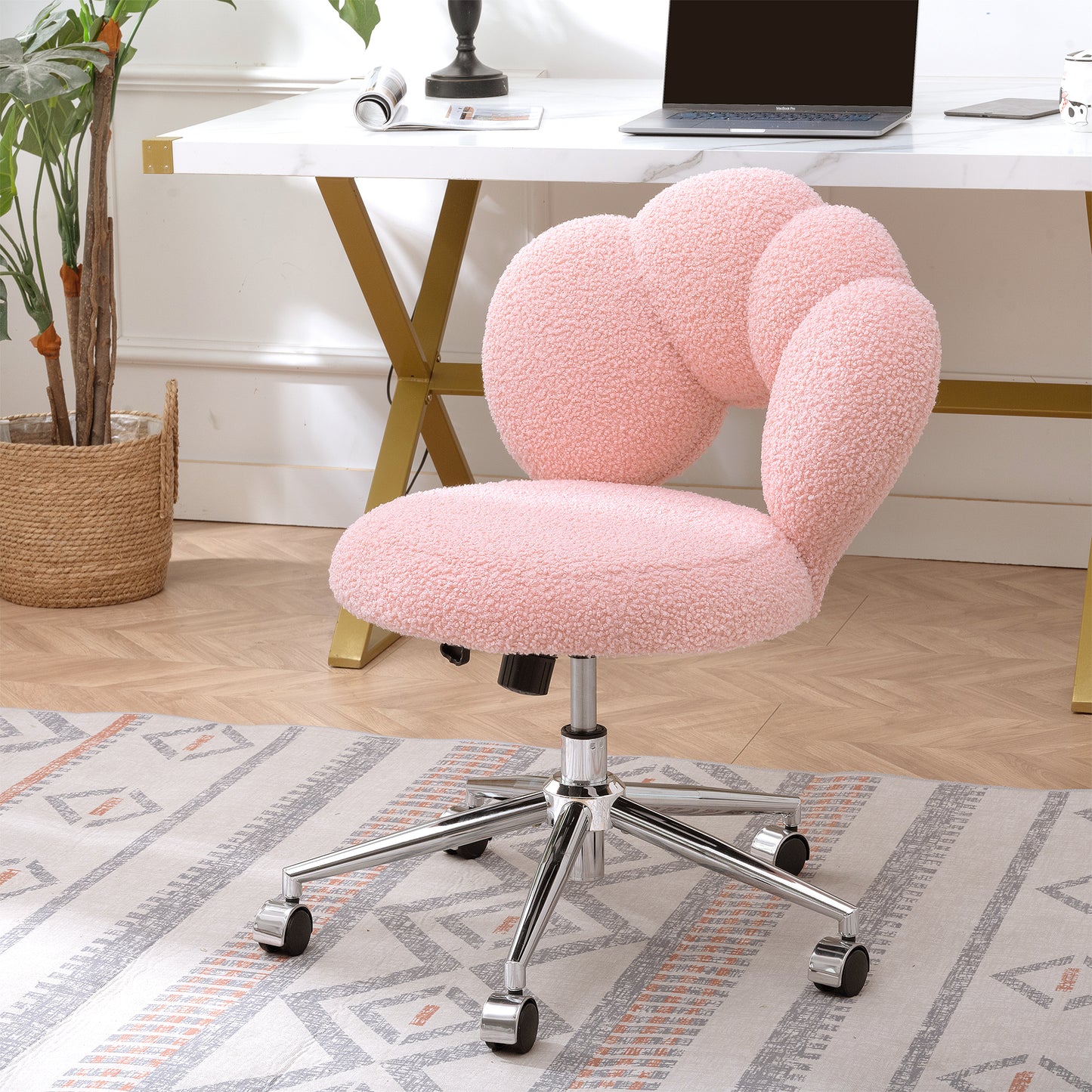 360° Swivel Height Adjustable Pink Teddy Fabric Office Chair