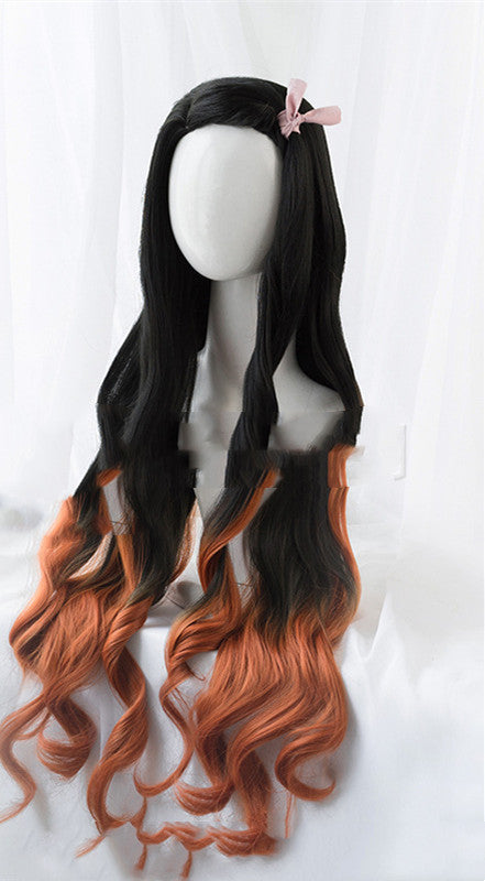 Long Curly Synthetic Wig with Black Gradient Brownish Yellow Hair