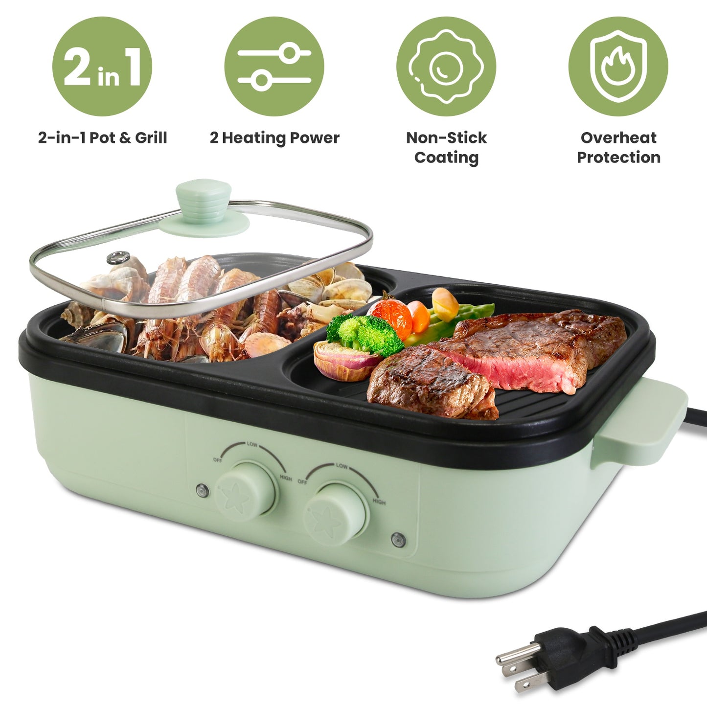 2-in-1 Electric Hot Pot & Grill - Portable Non-Stick Cooker