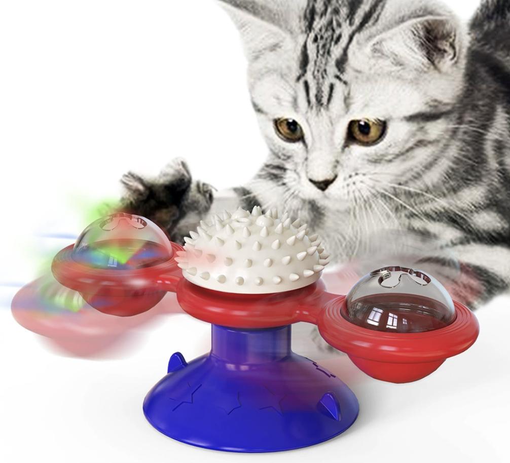 Interactive Cat Toy Set with Windmill LED Ball, Suction Cup & Catnip, Indoor Exercise & Entertainment