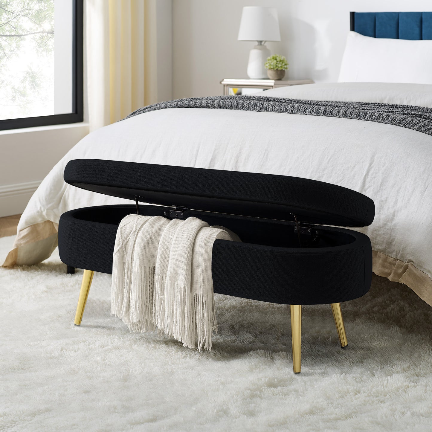 Ottoman Storage Bench - Black Flannel with Metal Legs