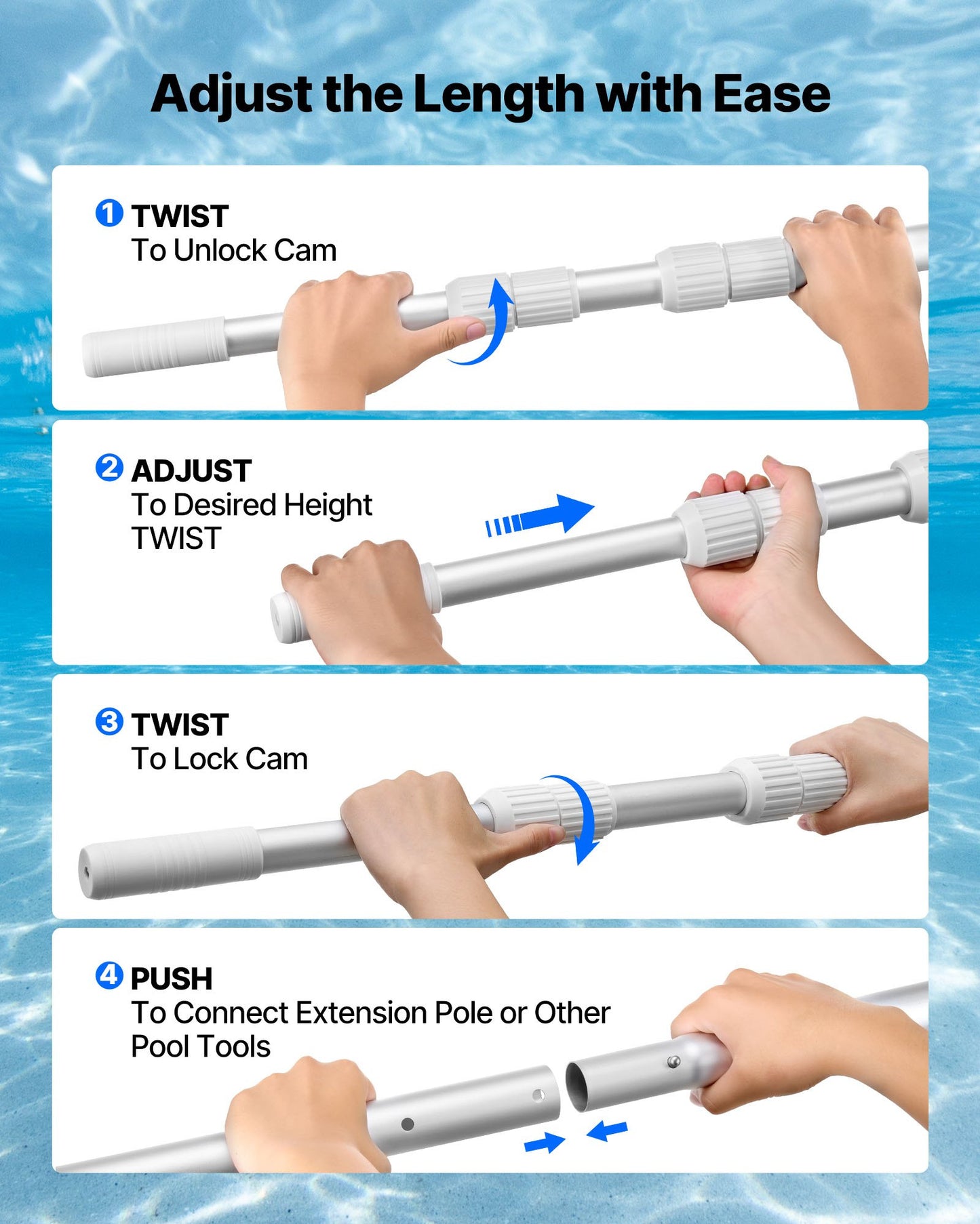 Telescopic Pool Pole 3.4 to 15 Ft Aluminum Alloy Twist Locking for Skimming & Cleaning