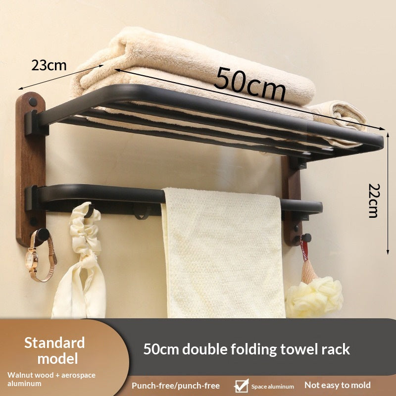 Double-Fold Walnut Towel Rack - Space Saving Bathroom Organizer