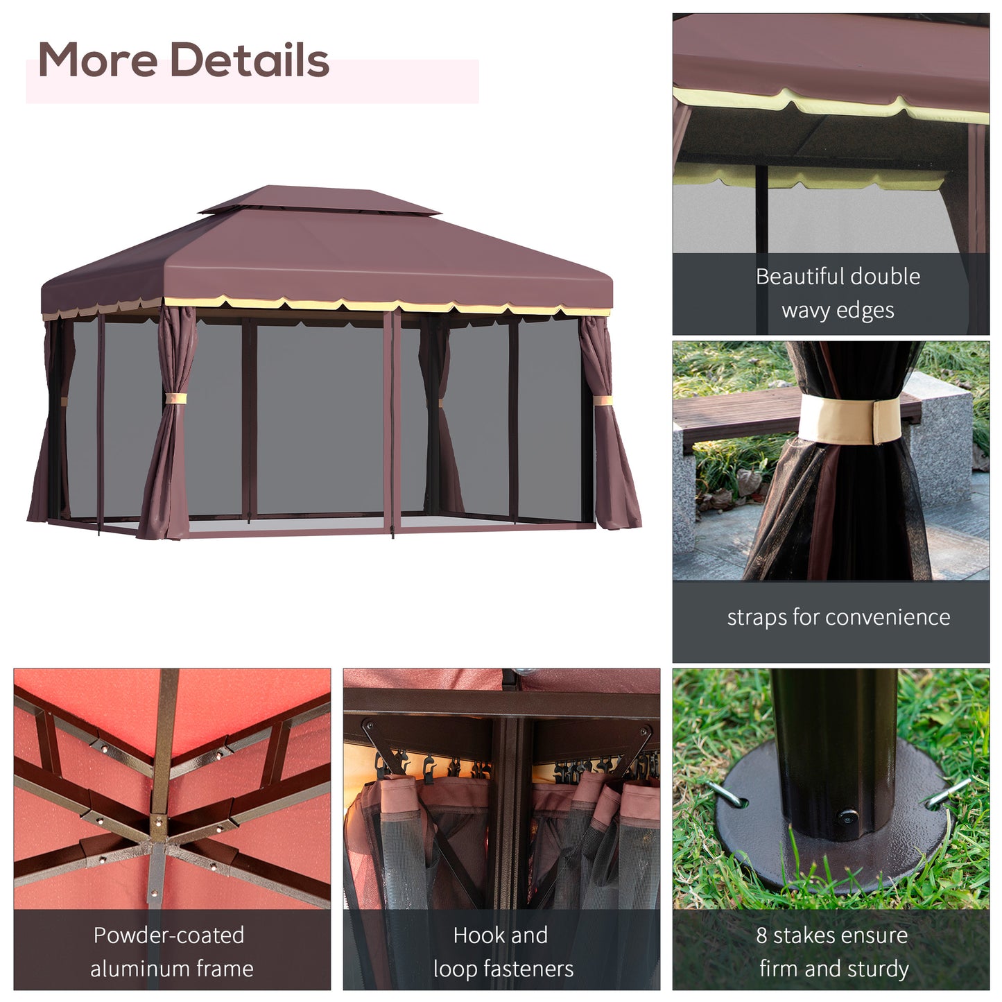 Outdoor Aluminum Frame Gazebo with Double Roof & Curtains - Coffee