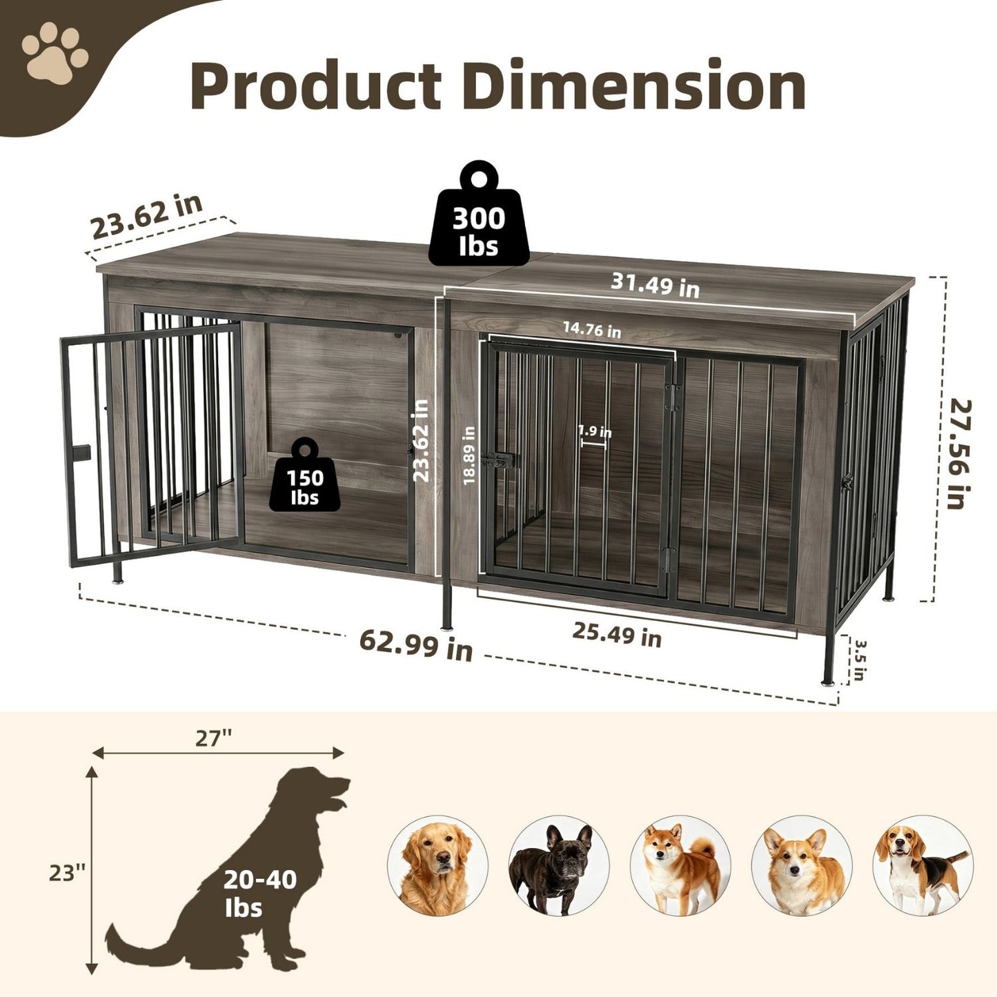 Double Dog Crate Furniture with Divider - Extra Large Pet Kennel