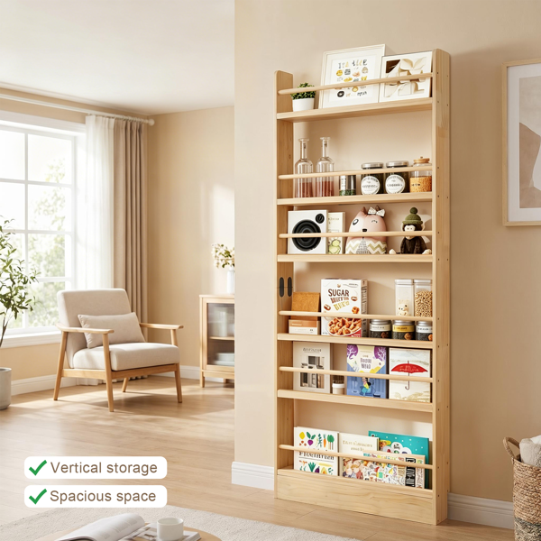 6-Tier Wooden Bookshelf - Slim Behind Door Storage for Kids