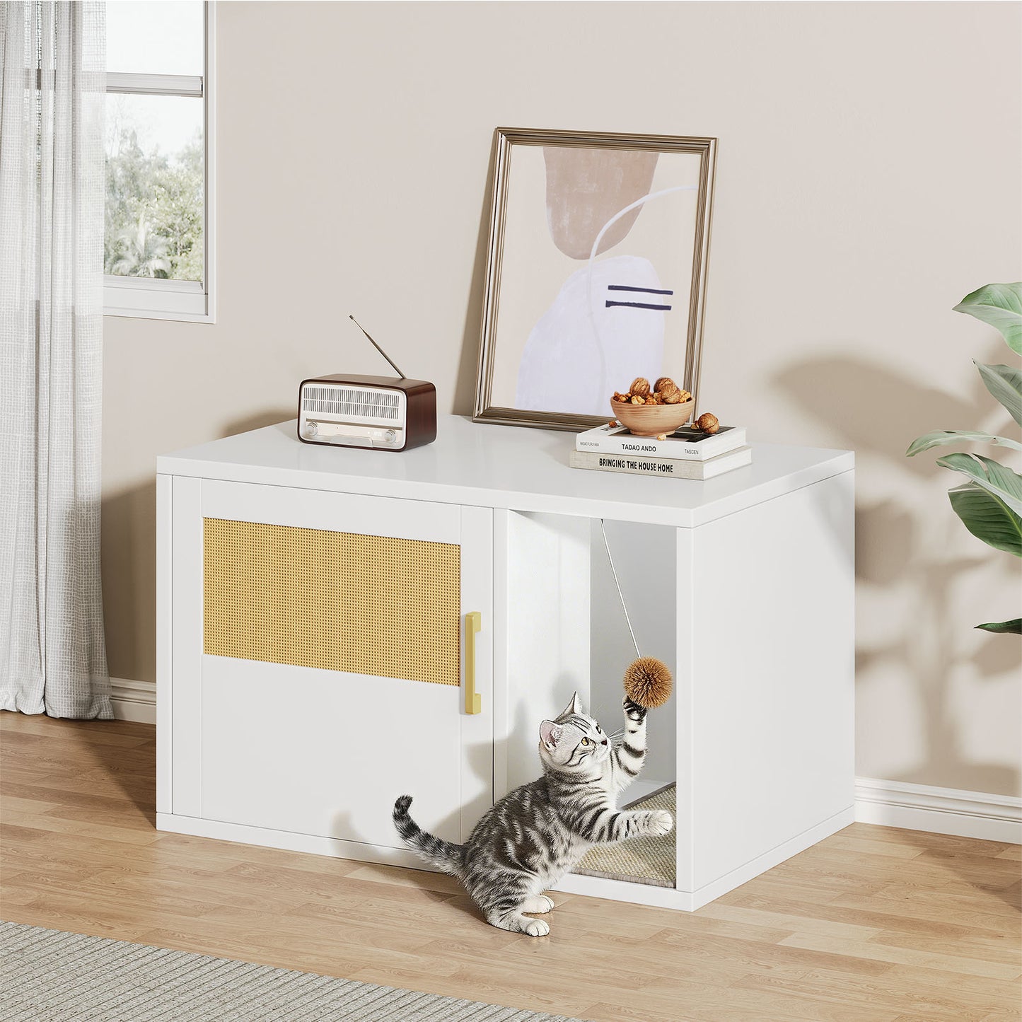 Multifunctional Cat Litter Box Cabinet with Odor Control & Side Table - White