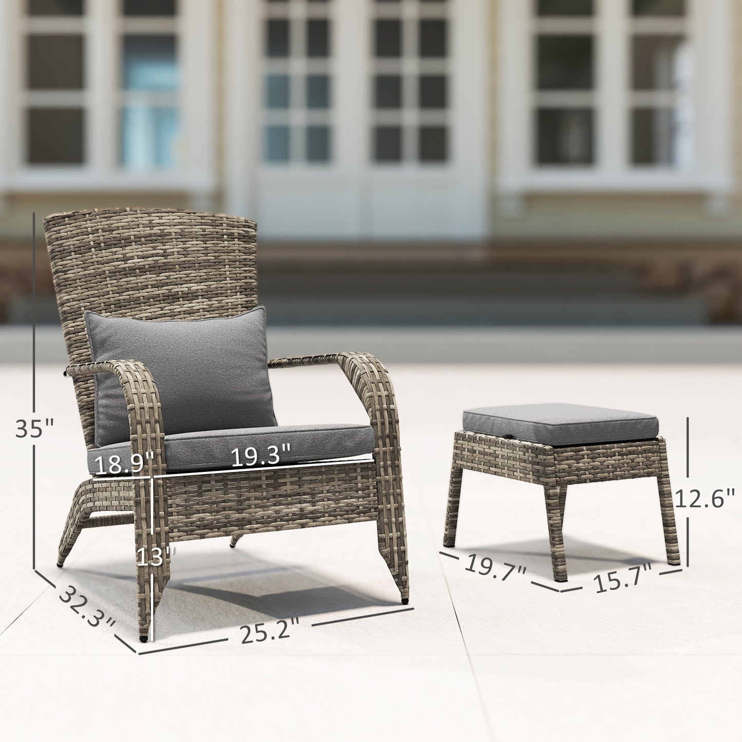 Wicker Adirondack Chair with Ottoman & Cushions - Gray