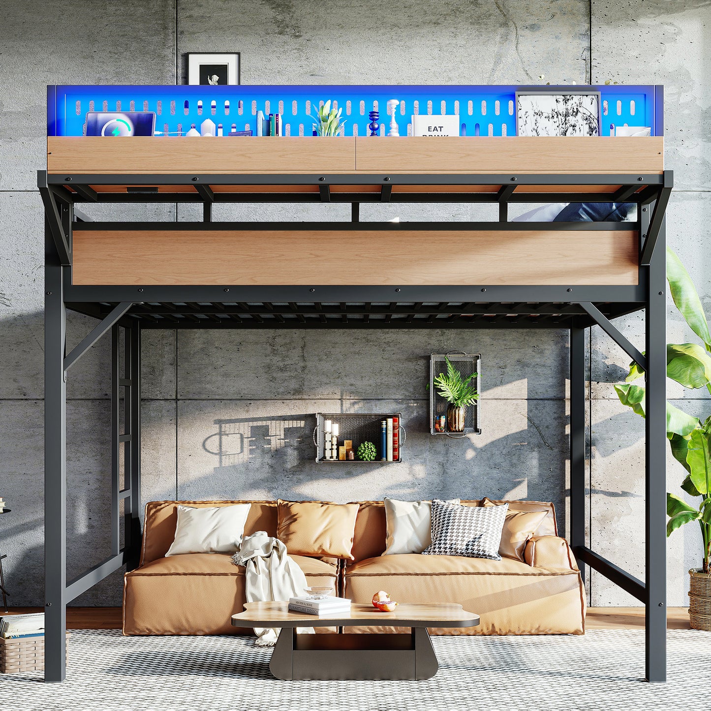 Queen Size Loft Bed Frame with Storage Shelves & USB Ports
