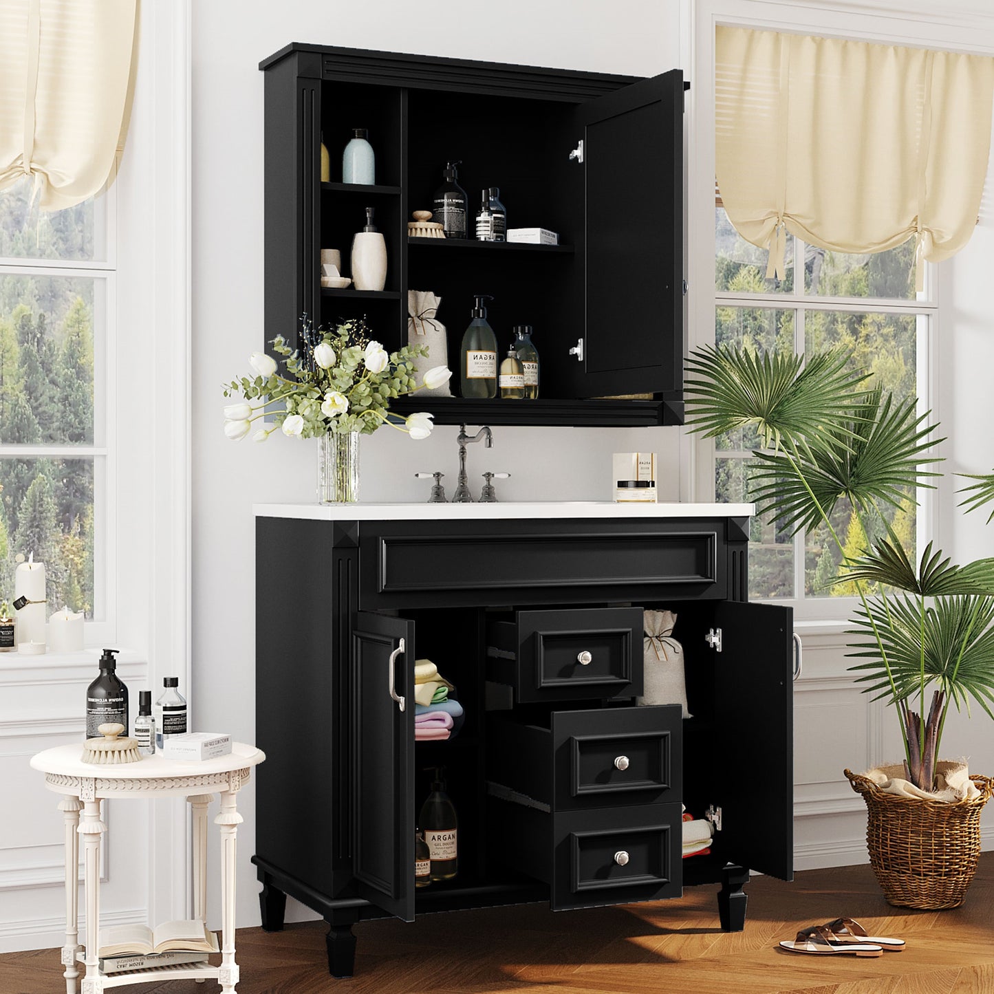 36'' Modern Bathroom Vanity with Black Mirror Cabinet & Sink