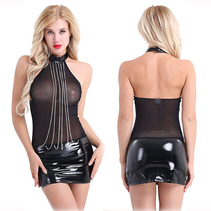 Black Patent Leather Hip Lanyard Dress for Women – Stylish and Elegant
