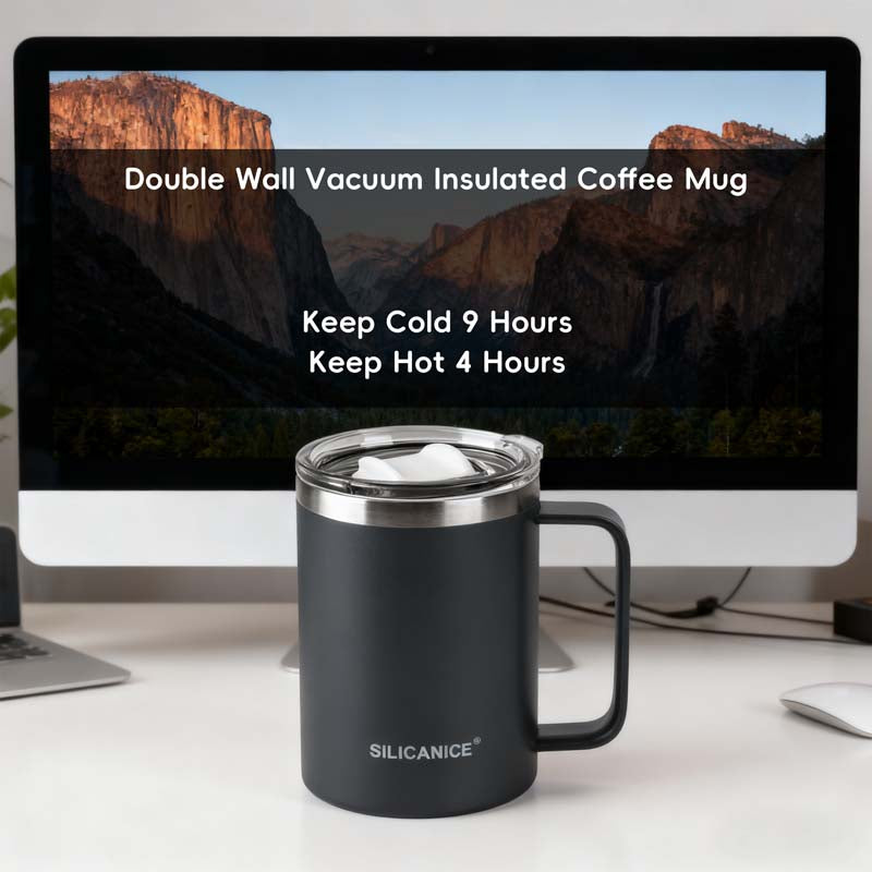 14oz Insulated Coffee Mug with Handle & Detachable Lid - Stainless Steel Travel Tumbler