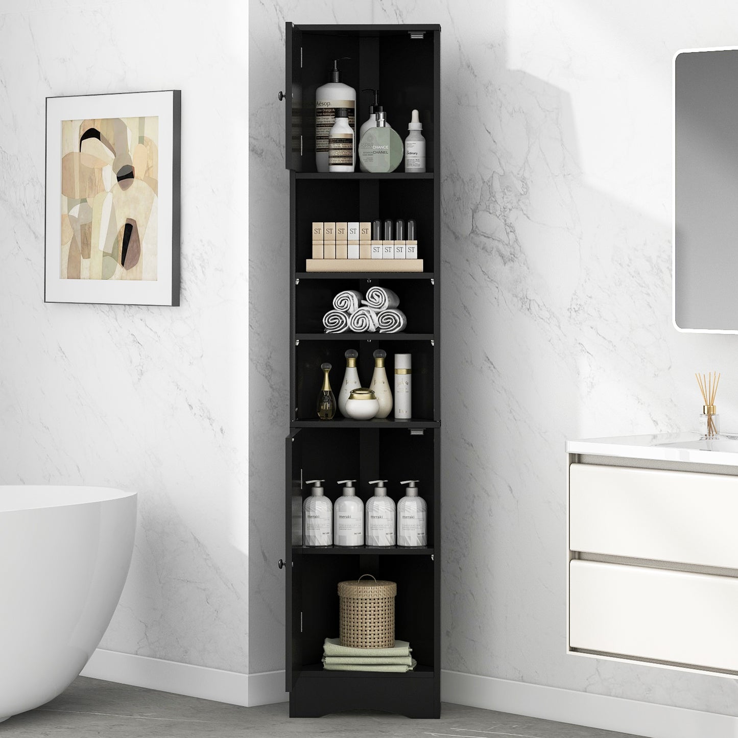 Tall Bathroom Corner Cabinet with Adjustable Shelves - Black