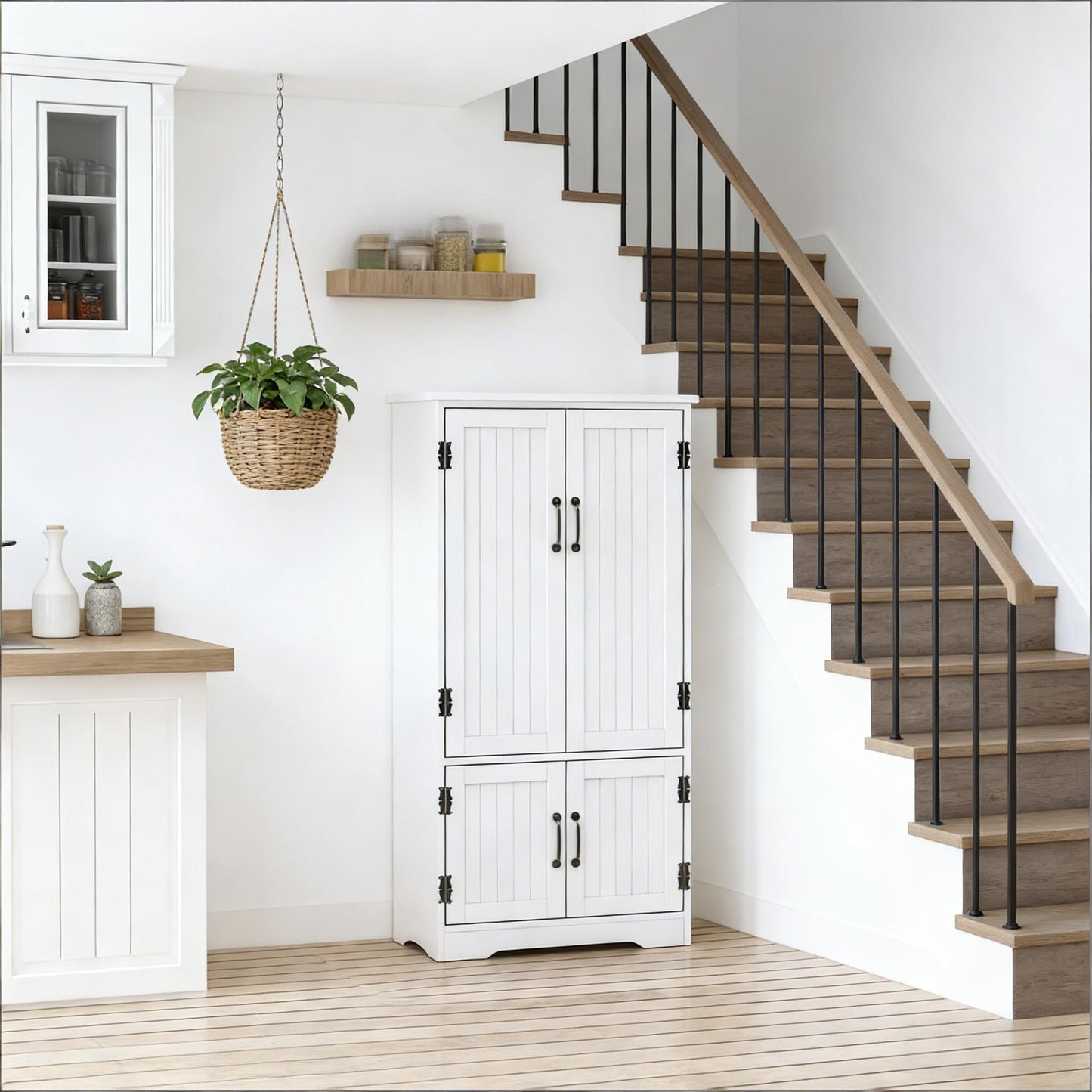 Freestanding White Kitchen Pantry Cabinet with Adjustable Shelves