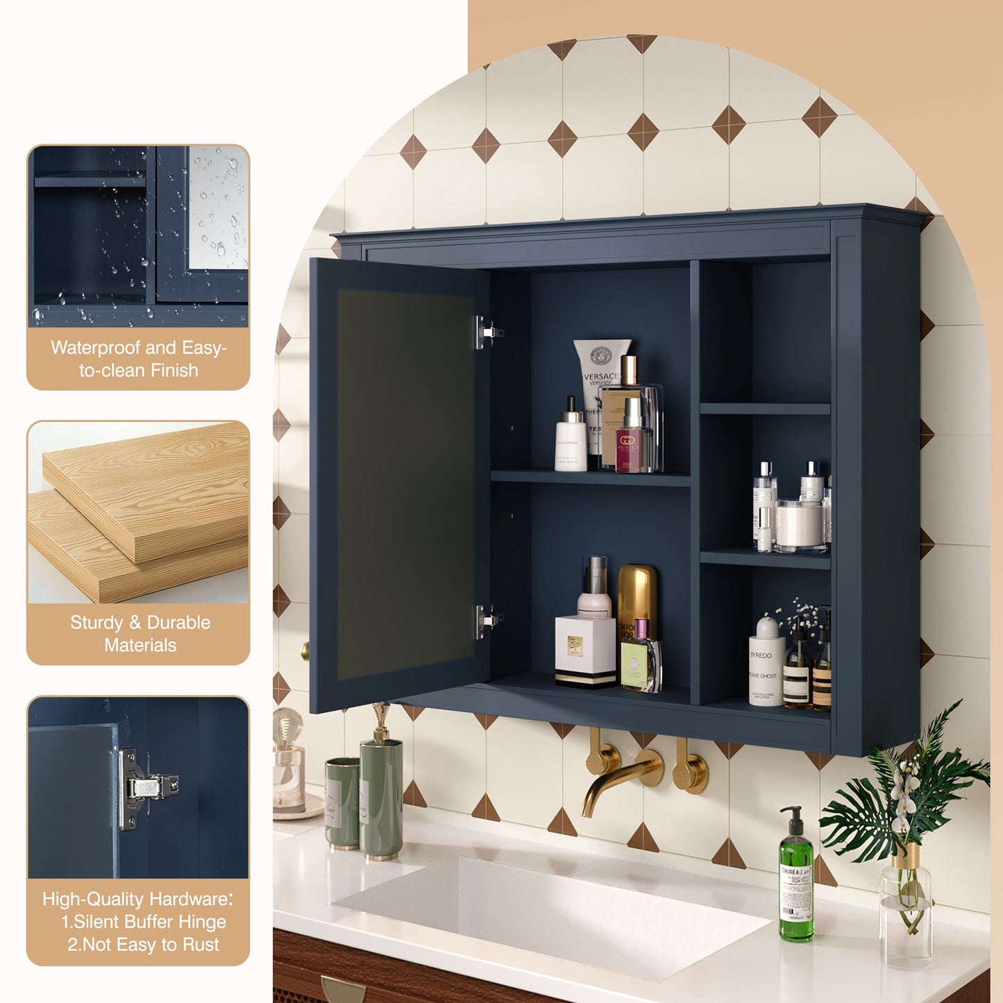 35'' x 28'' Wall Mounted Bathroom Storage Cabinet with Mirror - Blue