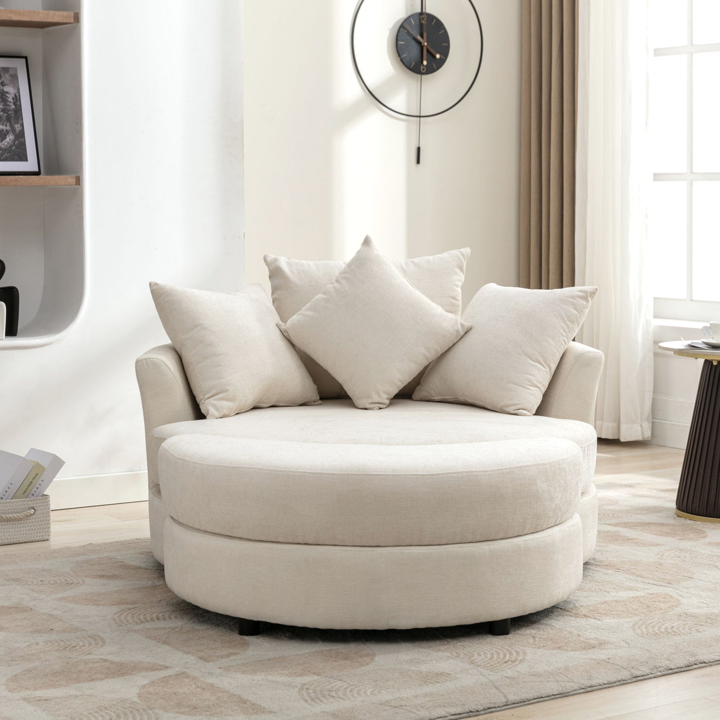 360° Swivel Accent Barrel Chair with Storage Ottoman & 4 Pillows - Cream