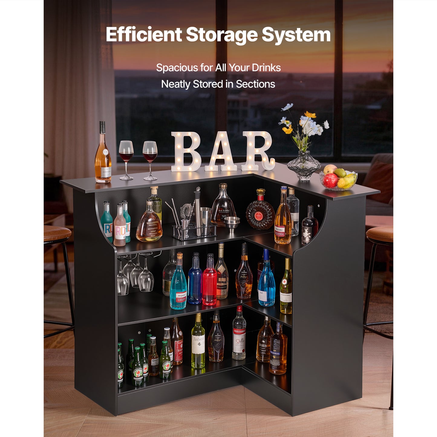 L-Shaped Wine Bar Cabinet with Storage Shelves and Glass Holder - Black