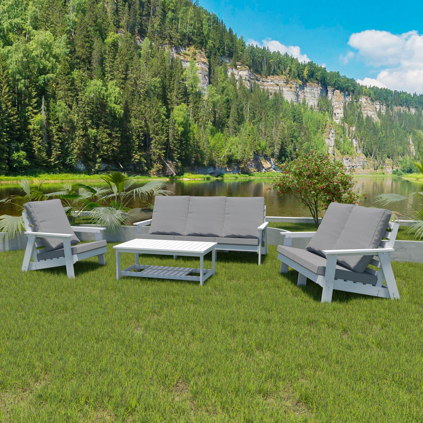 All-Weather Outdoor Single Sofa with Cushion - White/Grey