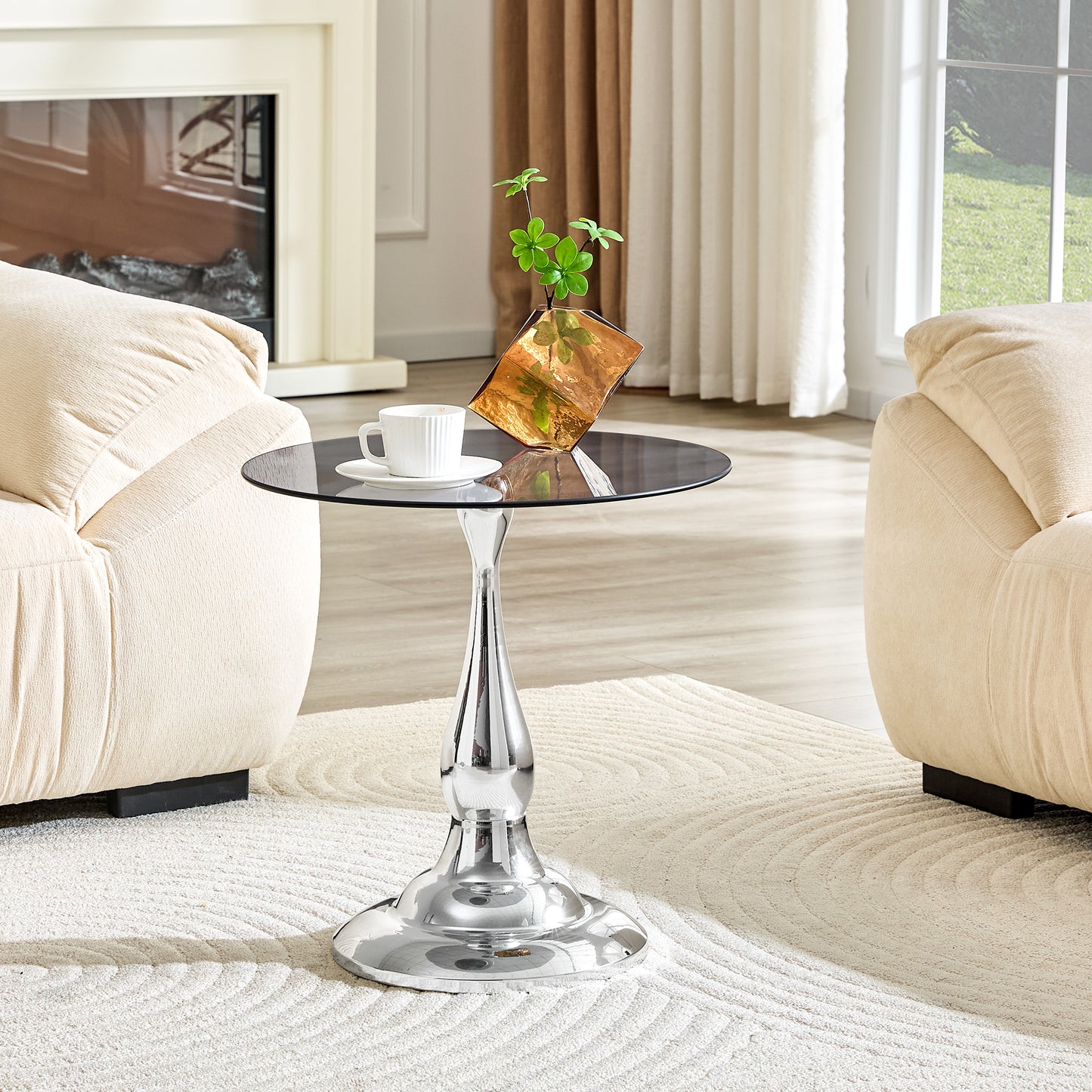 Modern Silver Round Side Table with Glass Top - 19.6"