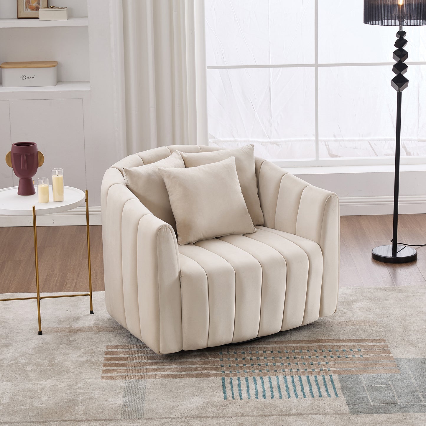 Oversized 39" Swivel Accent Barrel Chair with 3 Pillows - Beige