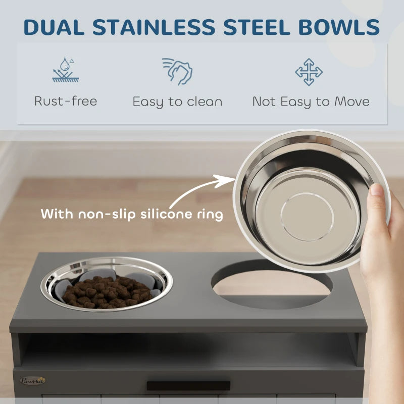 Large Elevated Dog Bowls Stand with 2 Stainless Steel Bowls, Storage Drawer & Slow Feeder Mat