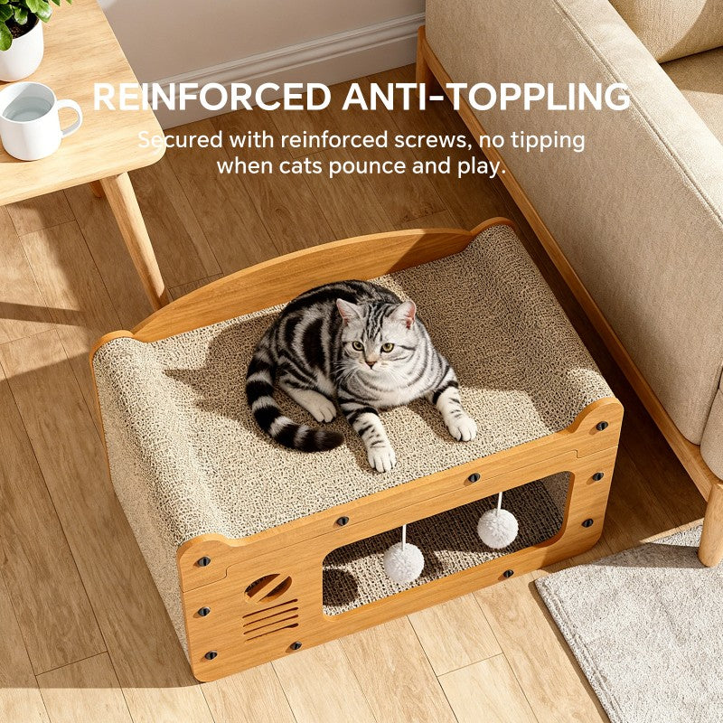Double Layer Cat Scratcher Sofa Bed with Teaser Balls - 56cm, Yellow