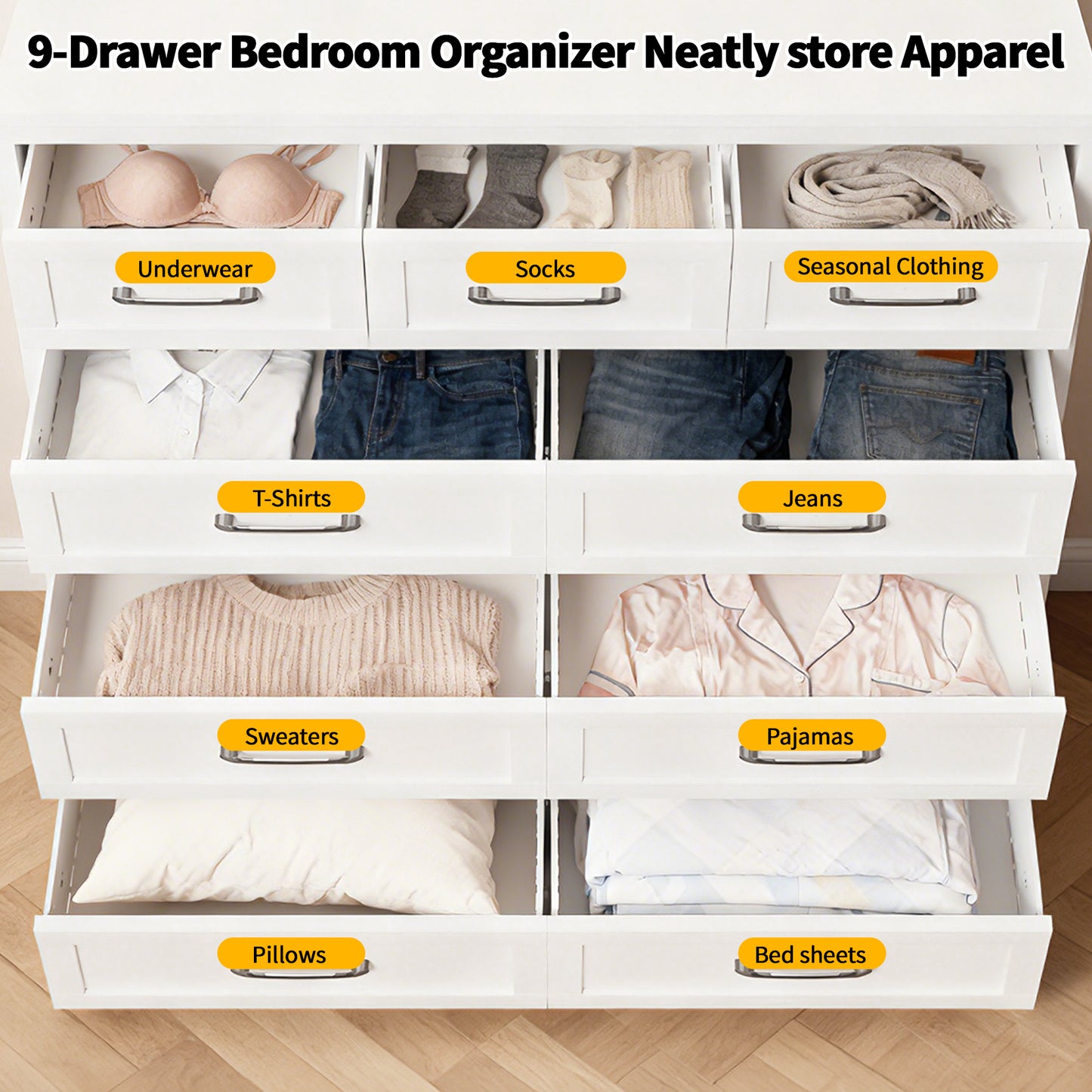 9-Drawer Tall Dresser, White Metal Storage Cabinet With Smooth
