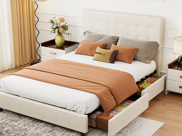 Bed Frame Upholstered Vertical Channel Headboard With 4 Storage