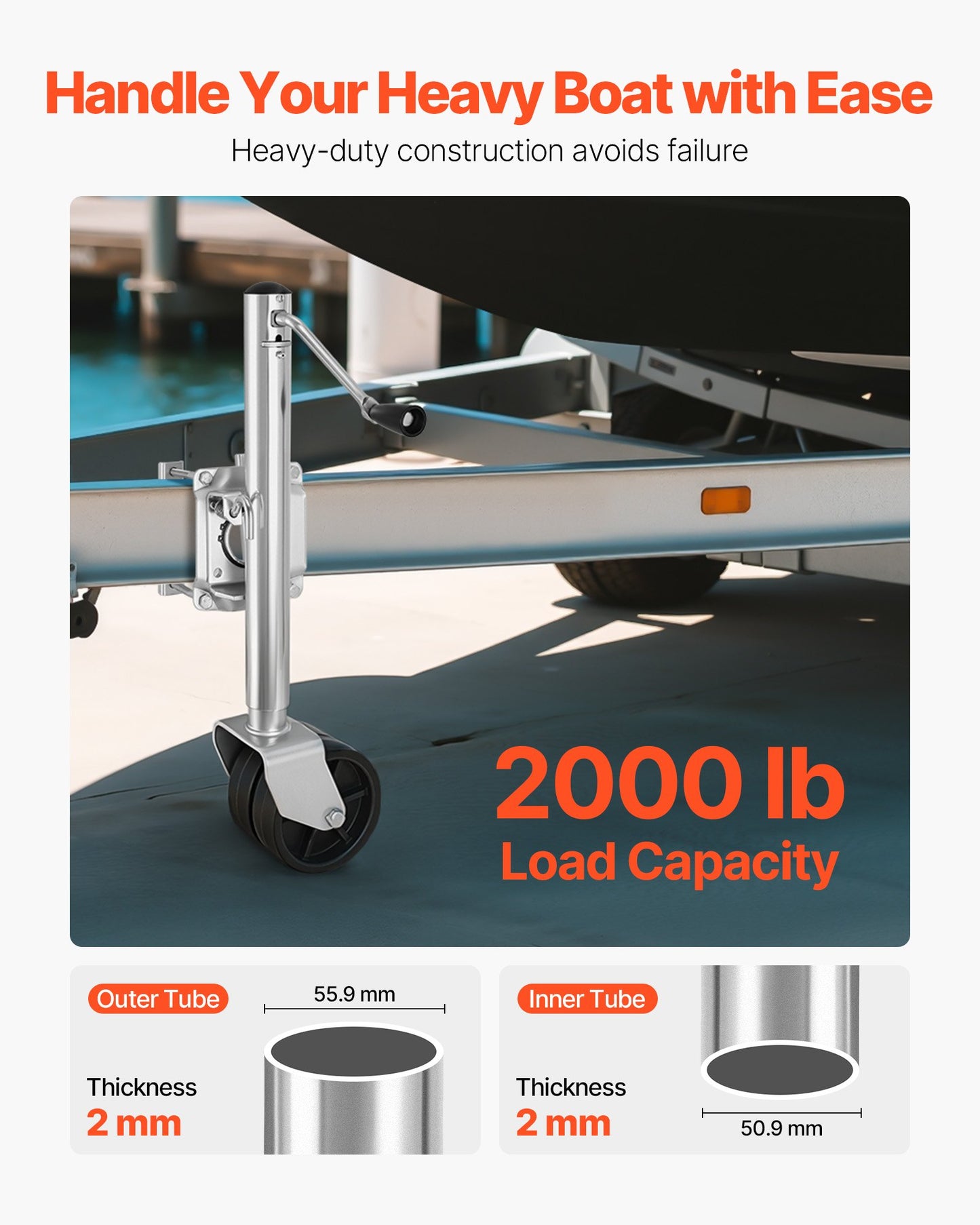 Heavy Duty Trailer Jack with Wheel – 2000 lb Capacity, 15-27 Inch Lift Range, Rust-Resistant, Fits RVs & Boat Trailers