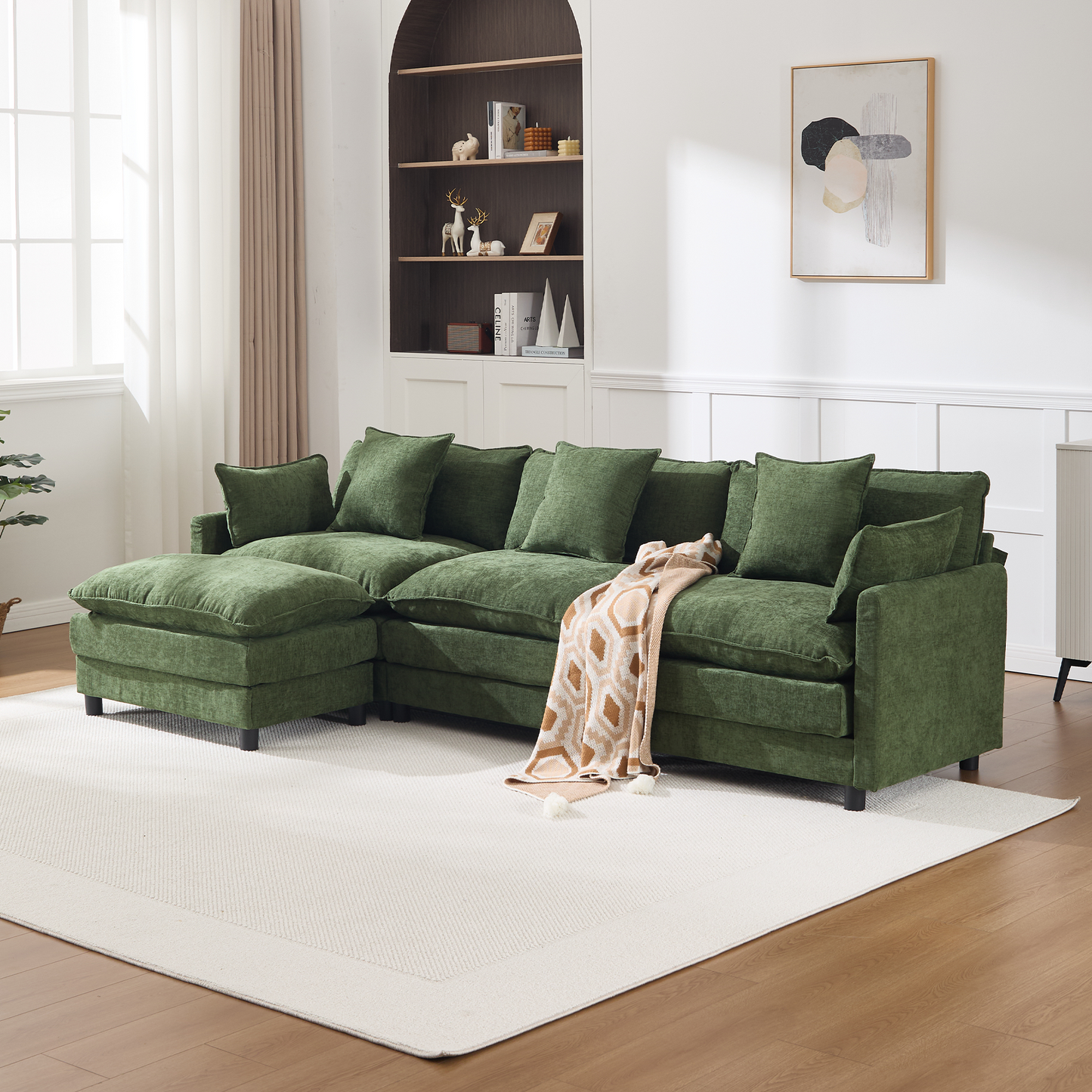 108" L-Shaped Modern Chenille Sectional Sofa with Ottoman - Green