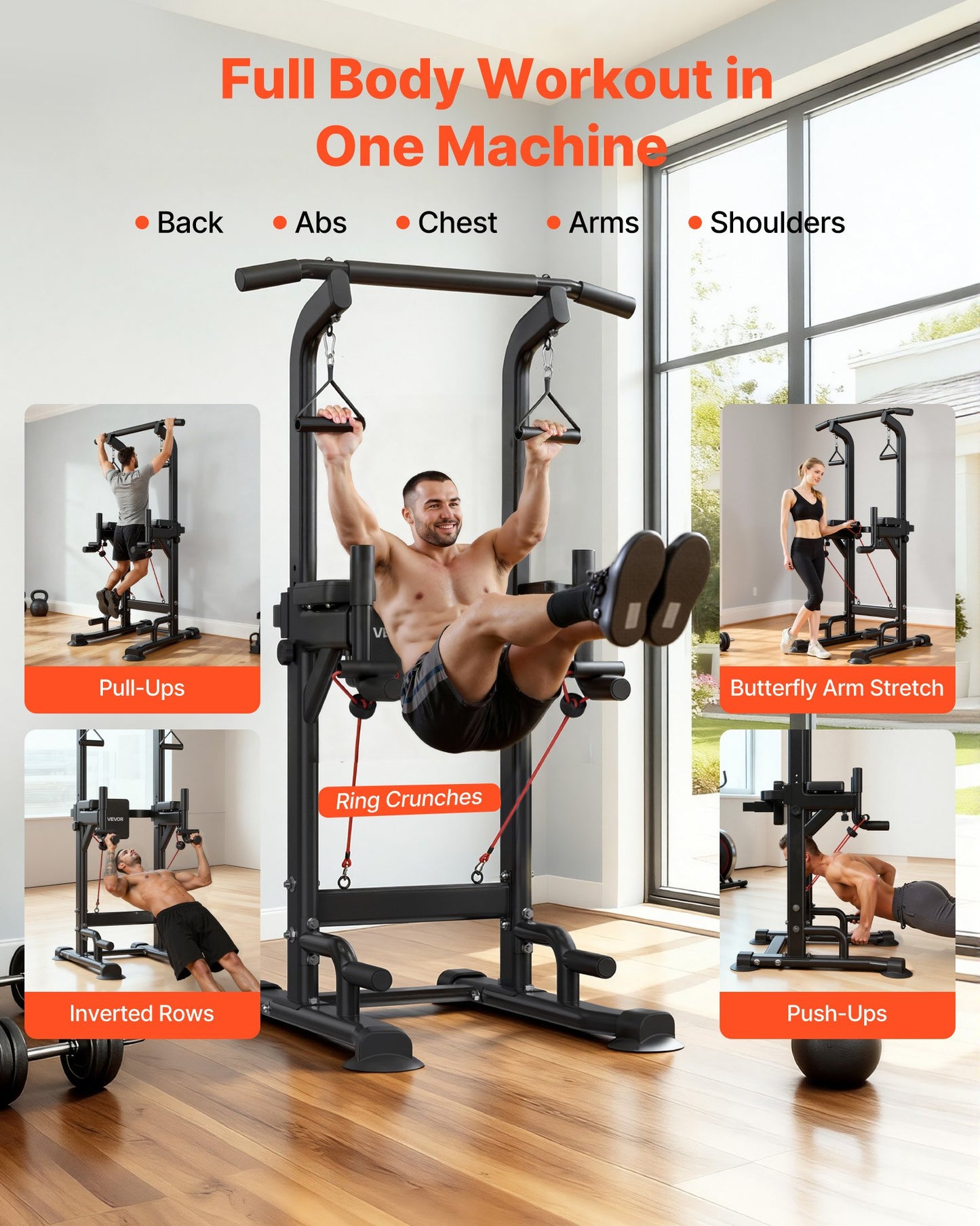 Power Tower Pull Up Bar for Home Gym - 330 LBS Weight Capacity, Adjustable Height, Stable H-Shaped Base