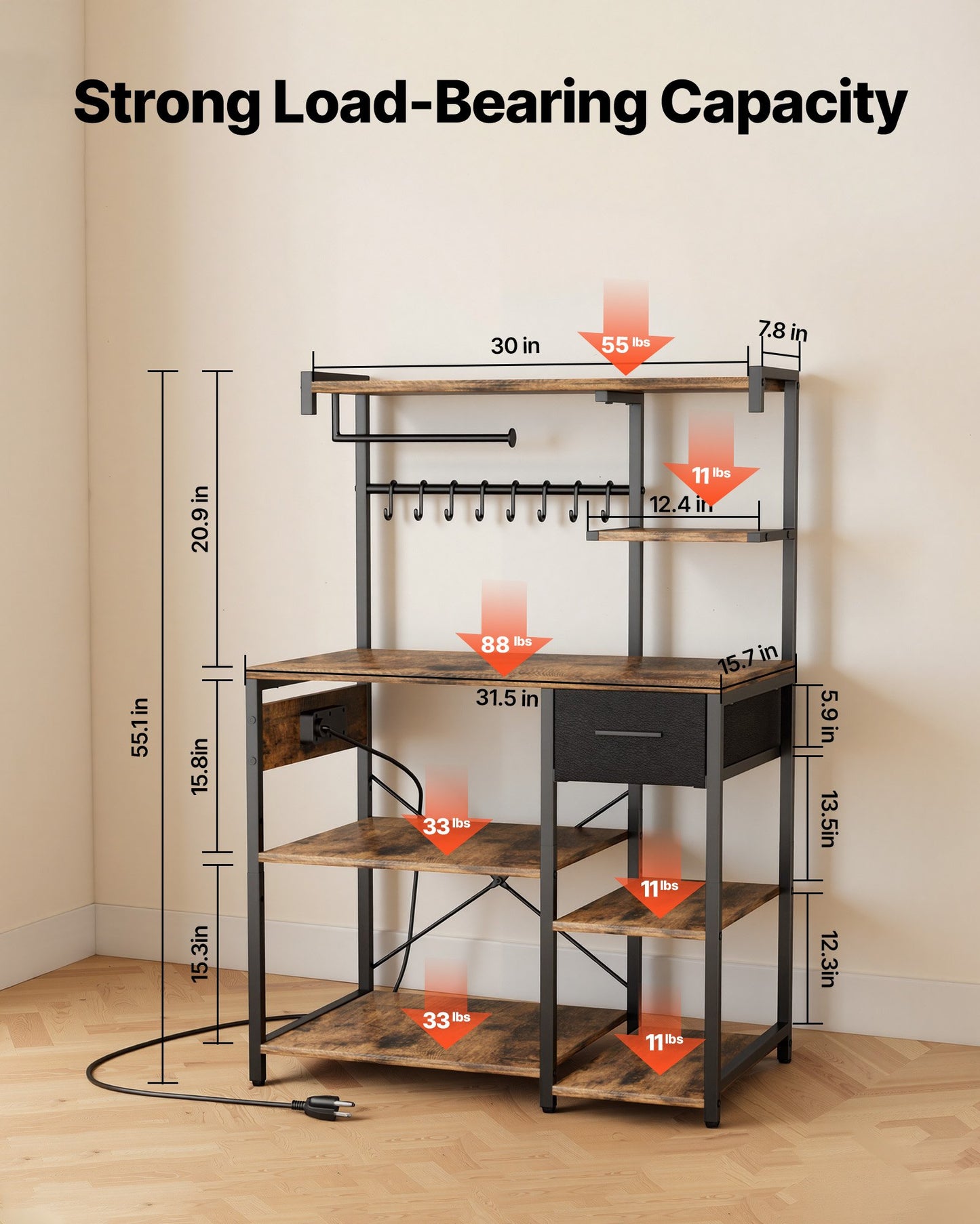4.6ft Kitchen Bakers Rack with Power Outlet and Hooks - Black