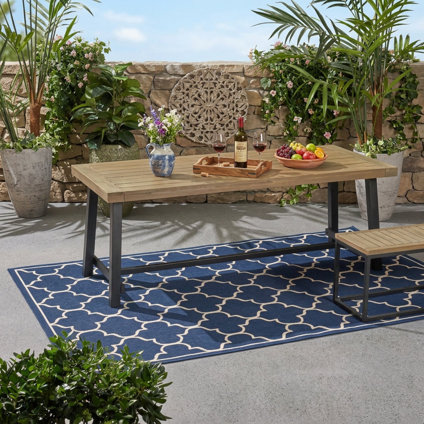 Outdoor Acacia Wood Dining Table - Grey Rustic Metal Frame