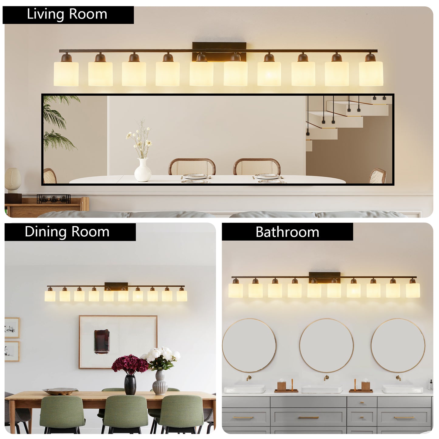 10-Light Bathroom Vanity Light Fixture - Matte Black with White Shades