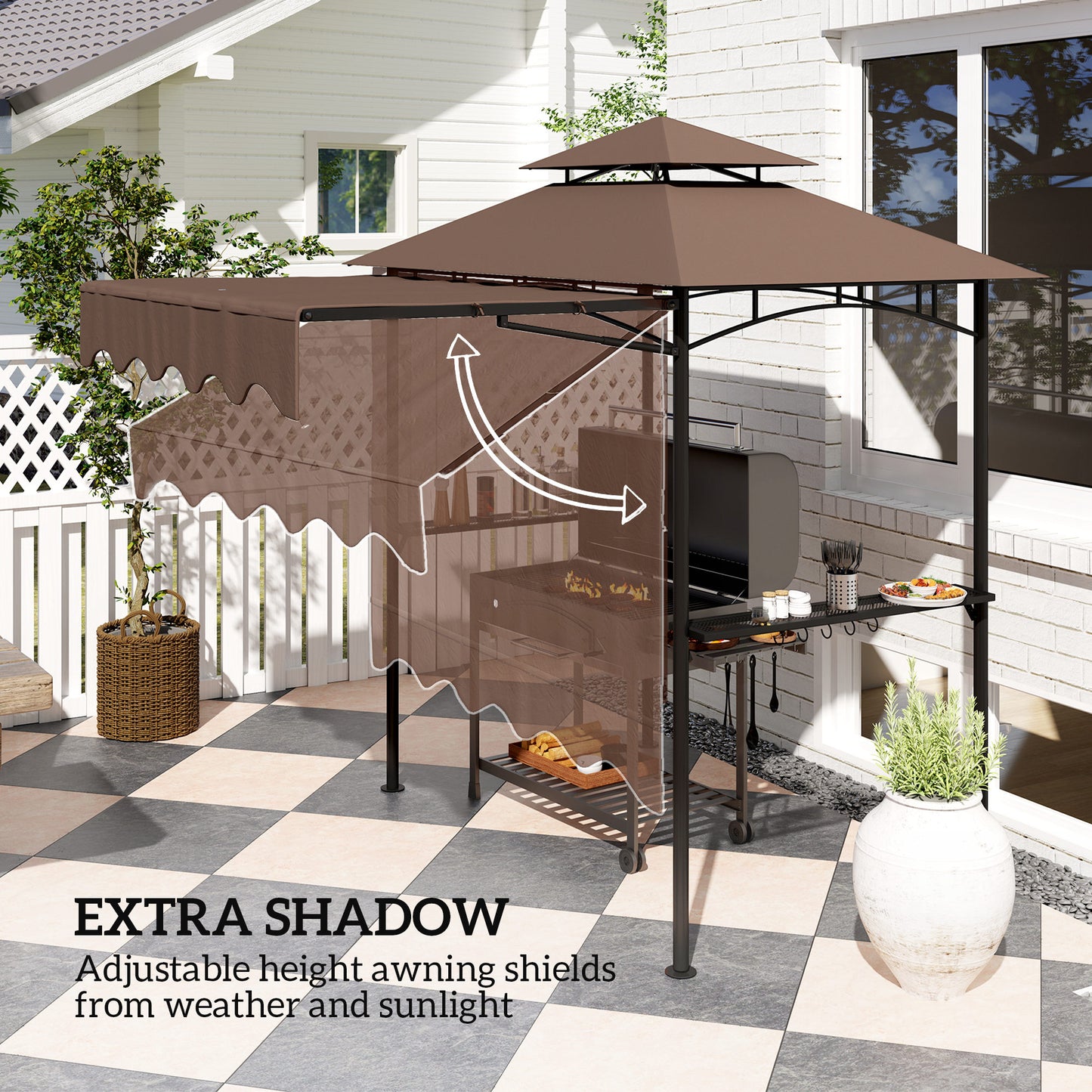 Outdoor Grill Gazebo with Side Shelves & Hooks - Brown