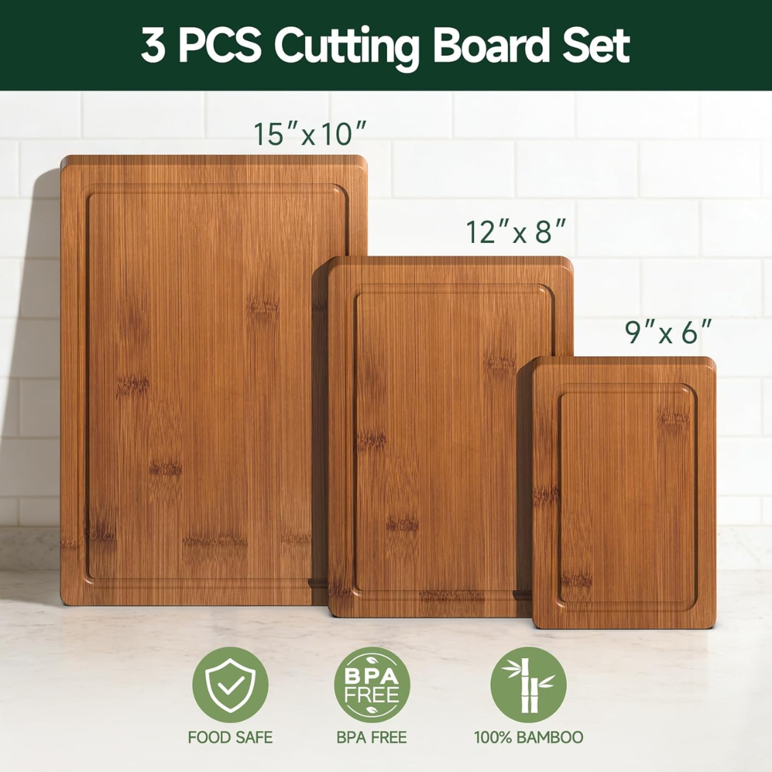 3-Piece Bamboo Cutting Board Set - Deep Carbonized & Juice Grooves