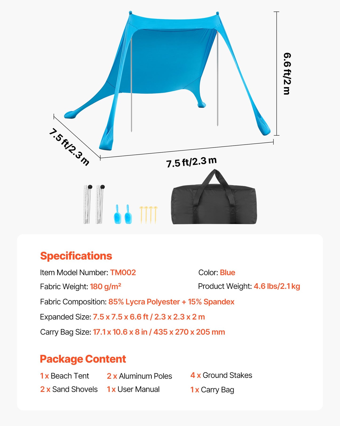 Portable Beach Tent Sun Shelter with UPF50+ Shade, Sandbags & Poles - Black