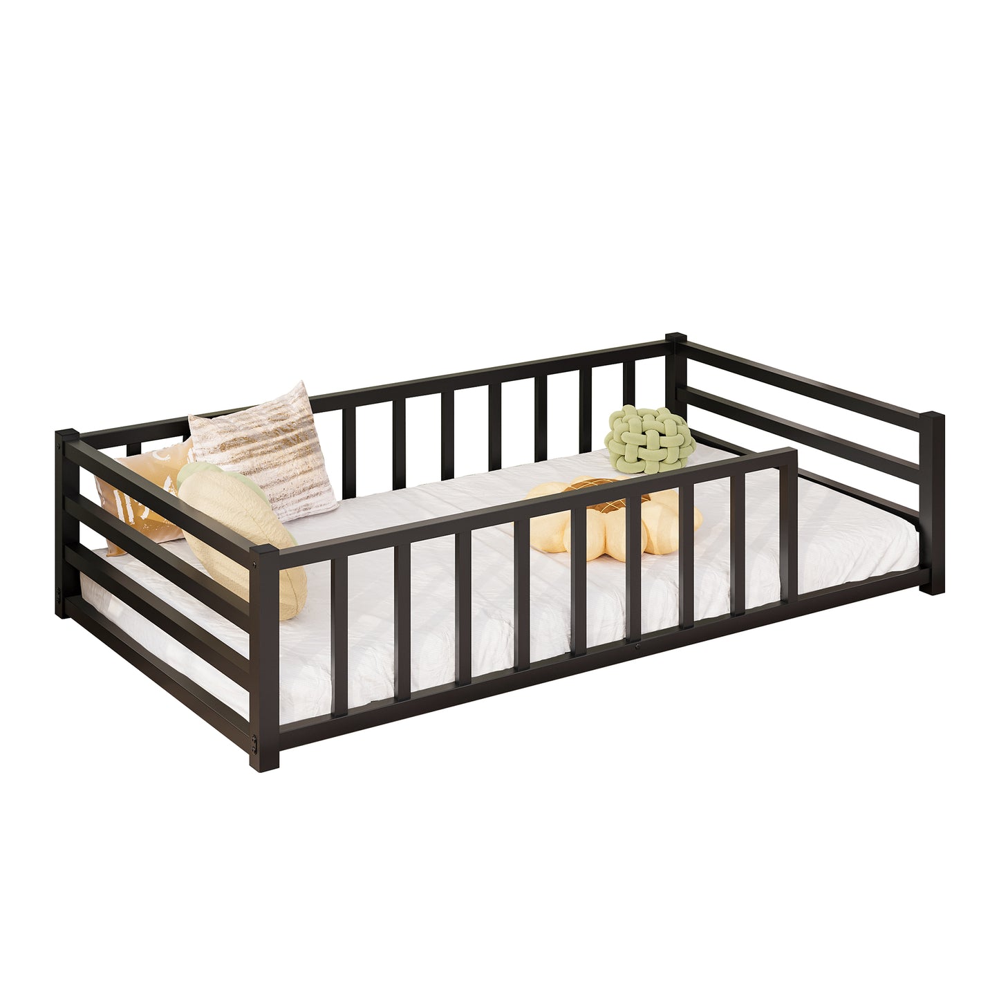 Twin Size Metal Platform Bed Frame with Guardrails - Black