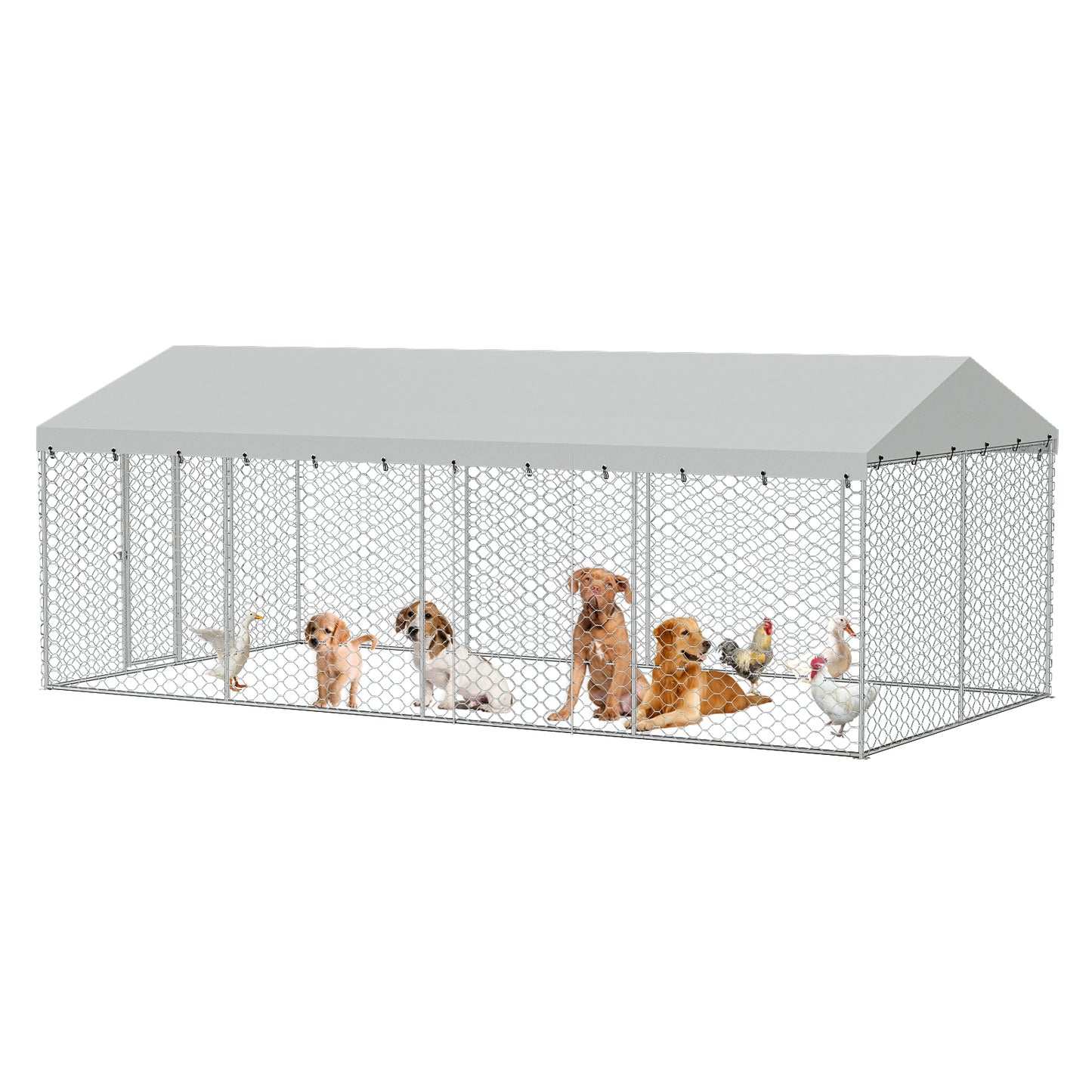 Large Outdoor Dog Kennel with Canopy - Heavy Duty Galvanized Steel Frame, Waterproof Cover, All-Weather Escape-Proof Pet Pen for Large Dogs