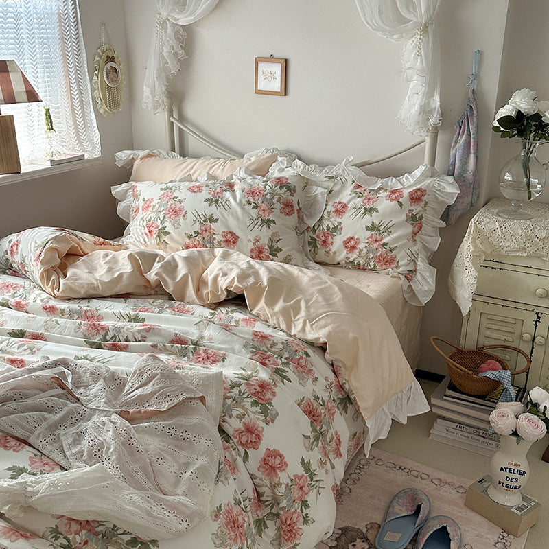 Princess Style Ruffled Cotton Bed Sheet Duvet Cover Set - Floral Minimalist Bedding