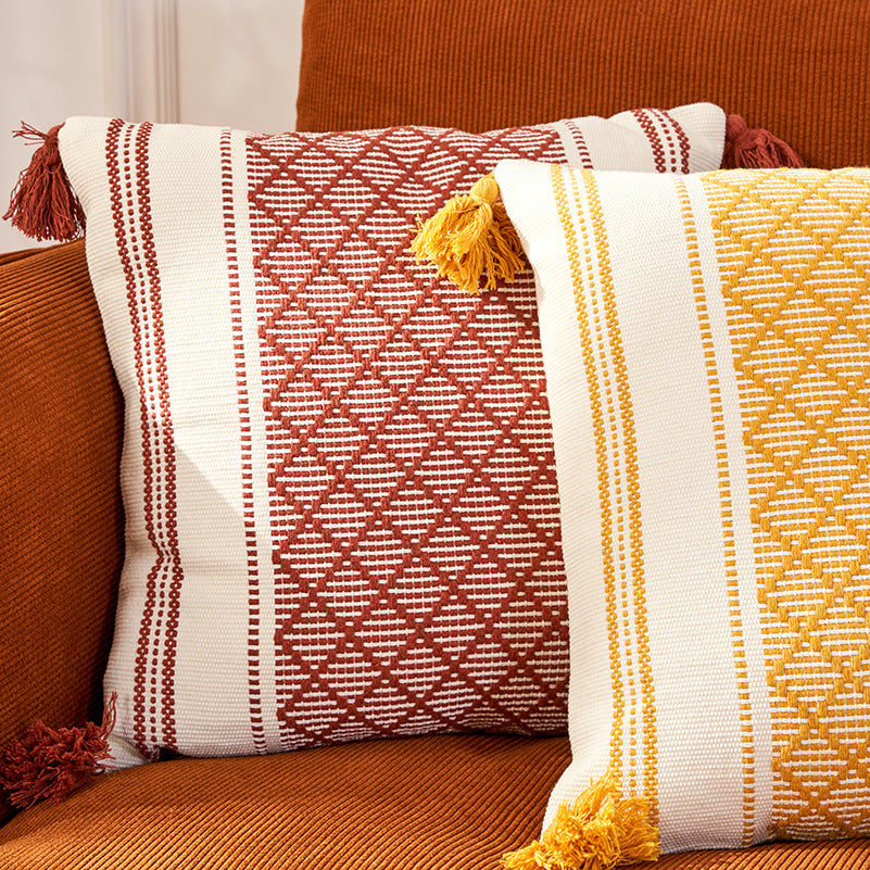 Geometric Woven Jacquard Tassel Cushion Cover - 45x45cm Home Decor